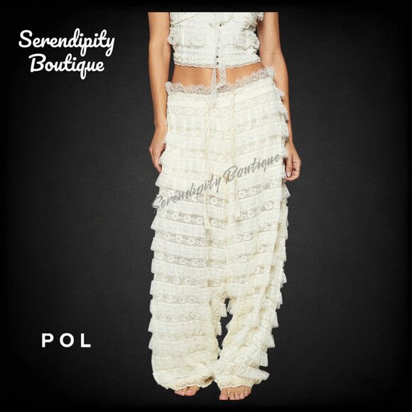 POL Boho Feminine Fluttering All Over Soft Tiered Eyelet Lace Ruffle Wide Leg Pa - Picture 9 of 12